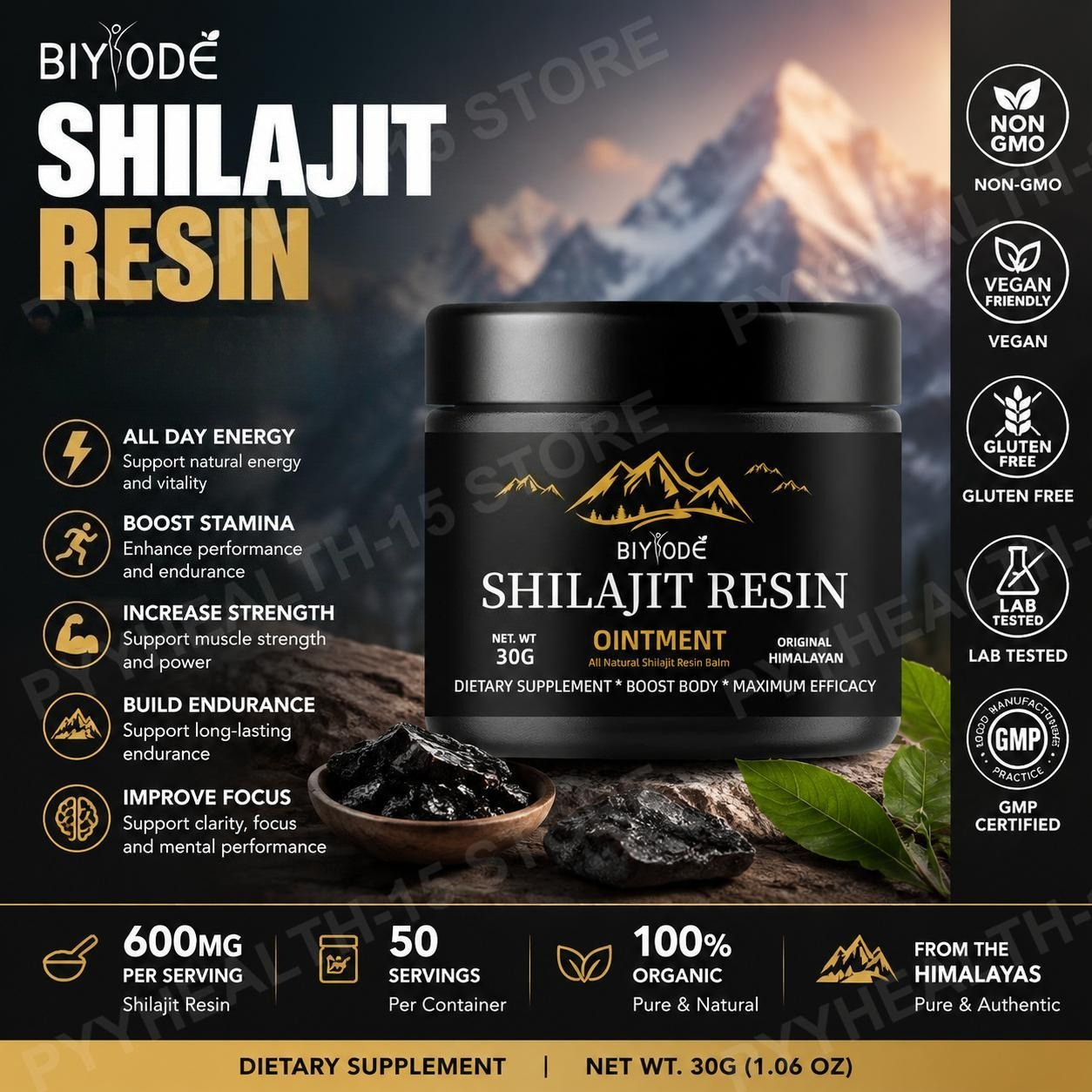 Shilajit Resin Pure - BIYODE Shilajit Resin Supplement 600mg Per